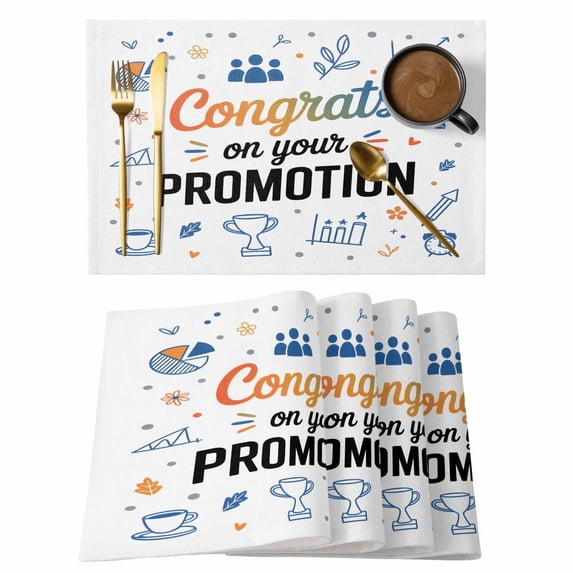 Blue Funny Words Placemats Set of 6, Cartoon Celebration Trophy Placemats for Dining Table, Place Mats for Kitchen Tabletop, Waterproof Wipeable Dining Table Mats Set
