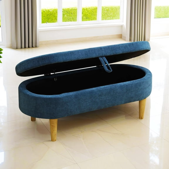 Blue Fur Cloth Storage Ottoman Bench - Long End of Bed Bench for Living Room