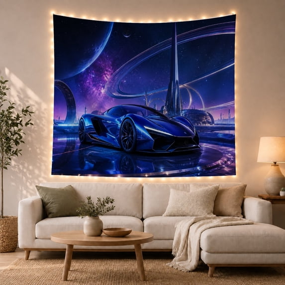 Blue Futuristic Race Car on Glossy Platform in Sci-Fi City, Dramatic Celestial Art for Space Enthusiasts, Automotive Wall Decor Birthday Gift Tapestry Wall Hanging for Gaming Room and Bedroom