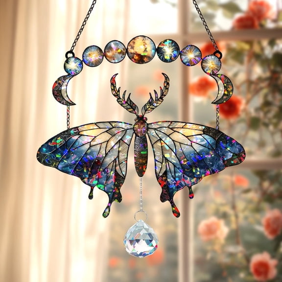 Blue Galaxy Antlered Moth Faux Stained Glass Suncatcher, Celestial Moon Phase Acrylic Window Mobile, Boho Witchy Decor Gift For Star Gazers