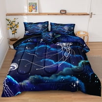 Blue Galaxy Bedding Comforter Set King Size,Jellyfish Print Ocean Theme Bedding Set,Soft Microfiber Starry Sky Stars Boys Girls Bedroom Quilted Comforter 4 Pieces for All Seasons