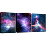 Blue Galaxy Canvas Wall Art/Outspace Theme Wall Decor/Purple Framed Nebula pictures print poster/ 3 Pieces 12x16 Inches Sky Universe Canvas Painting/Wall Decoration For Living Room Kitchen Bedroom