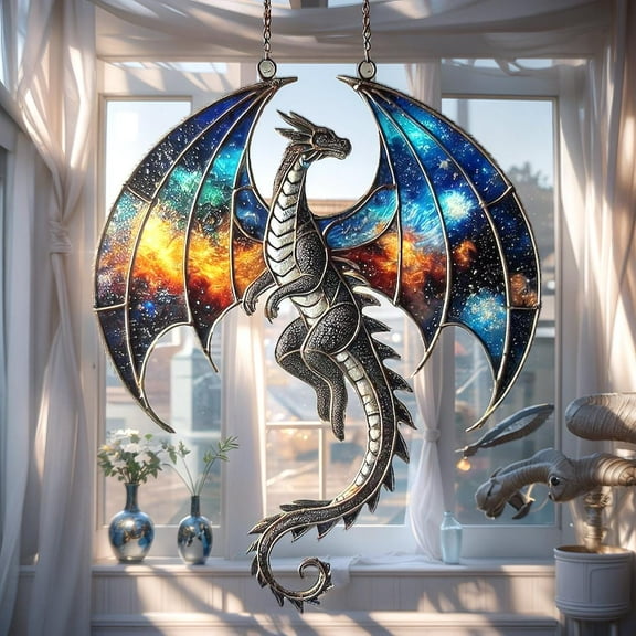 Blue Galaxy Dragon Wavy Acrylic Suncatcher Window Hanging, Wavy Acrylic Look Fantasy Decor, Halloween Gift For Dragon Lovers Or Gothic Homes