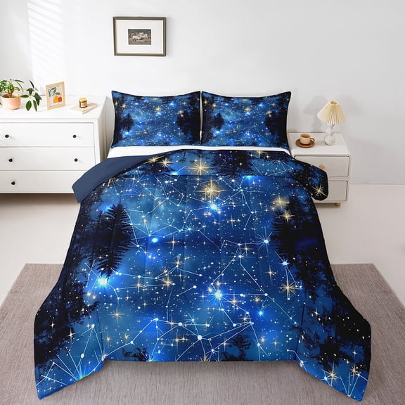 Blue Galaxy Full Bedding Set,Star Constellation Comforter Set Bedroom Decor,Starry Sky Dreamy Quilt Bed Set Forest Pine Tree Down Comforter with 2 Pillowcases