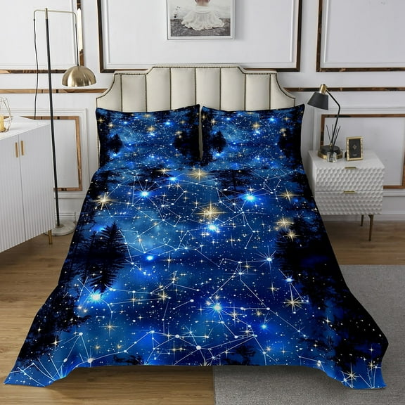 Blue Galaxy King Quilt Set,Star Constellation Bedding Set Bedroom Decor,Starry Sky Dreamy Bedspread Set Forest Pine Tree Quilts Bed Set 3Pcs