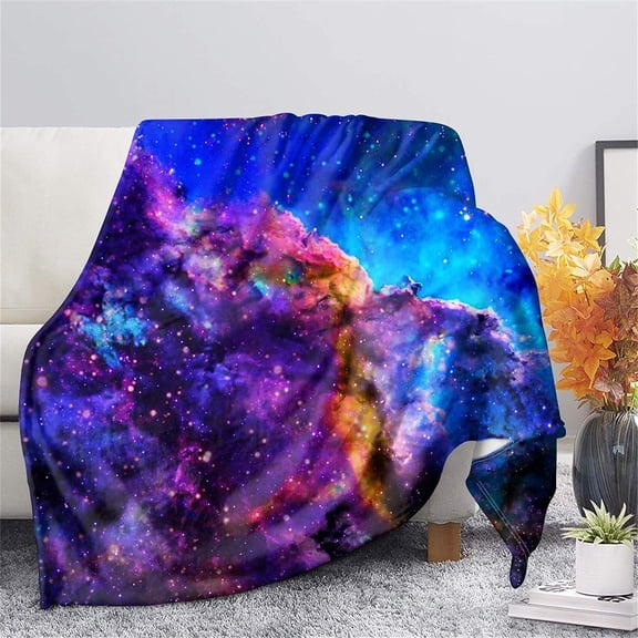 Blue Galaxy Print Flannel Throw Blanket, Cosmic Nebula Pattern Lightweight Warm Blanket for Bed, Couch, Car