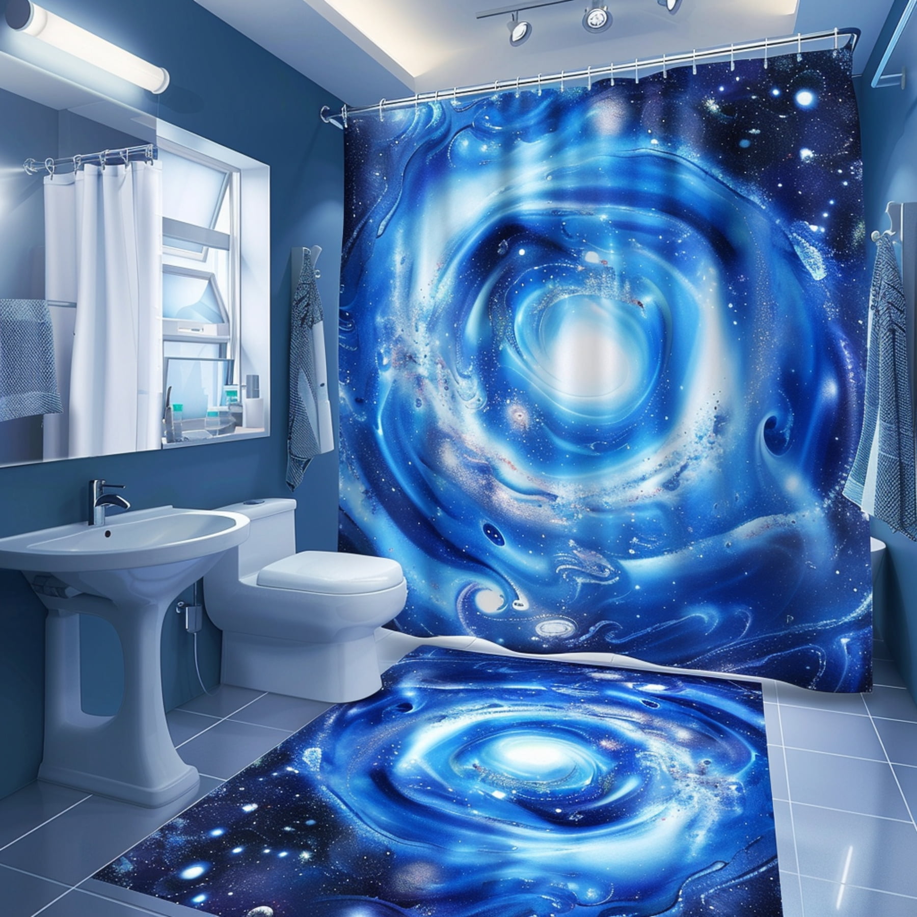 Blue Galaxy Swirl Bathroom Set with White Spiral Sink Curtain