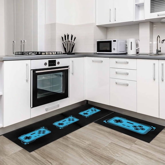 Blue Game Handle 2 Pieces Non-Slip Kitchen Mat Set Video Gamer Console Earphones Black Soft Door Mat with Rubber Backing,Dirtproof Rugs for Entrance Doorway 23.6x35.4in+23.6x70.9in