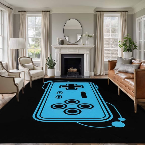 Blue Game Handle 6'x9' Area Rug for Living Room, Video Gamer Console Earphones Black Non-Slip Floor Mat Rugs for Bedroom Dining Room, Indoor Large Carpet for Classroom, Nursery Rugs for Playroom