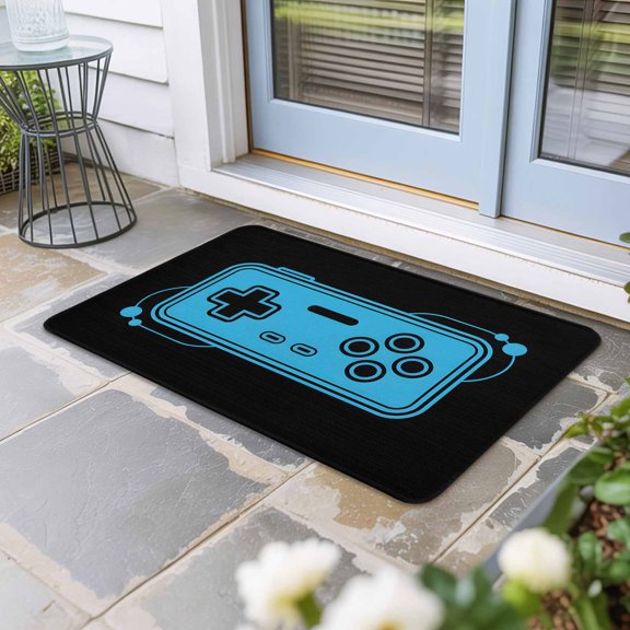Blue Game Handle Door Mat Indoor Outdoor, Video Gamer Console Earphones Black Non Slip Welcome Mat with Rubber Backing, Absorbent Fabric Front Door Mats Entryway Rug for Home Patio Entrance 16"x24"