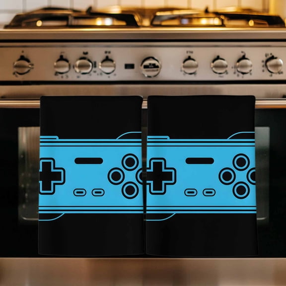 Blue Game Handle Kitchen Towels Set of 2, Video Gamer Console Earphones Black Absorbent Dish Towels for Kitchen, Microfiber Hand Towel, Quick Drying Tea Towel for Cleaning Decorative Dishcloths
