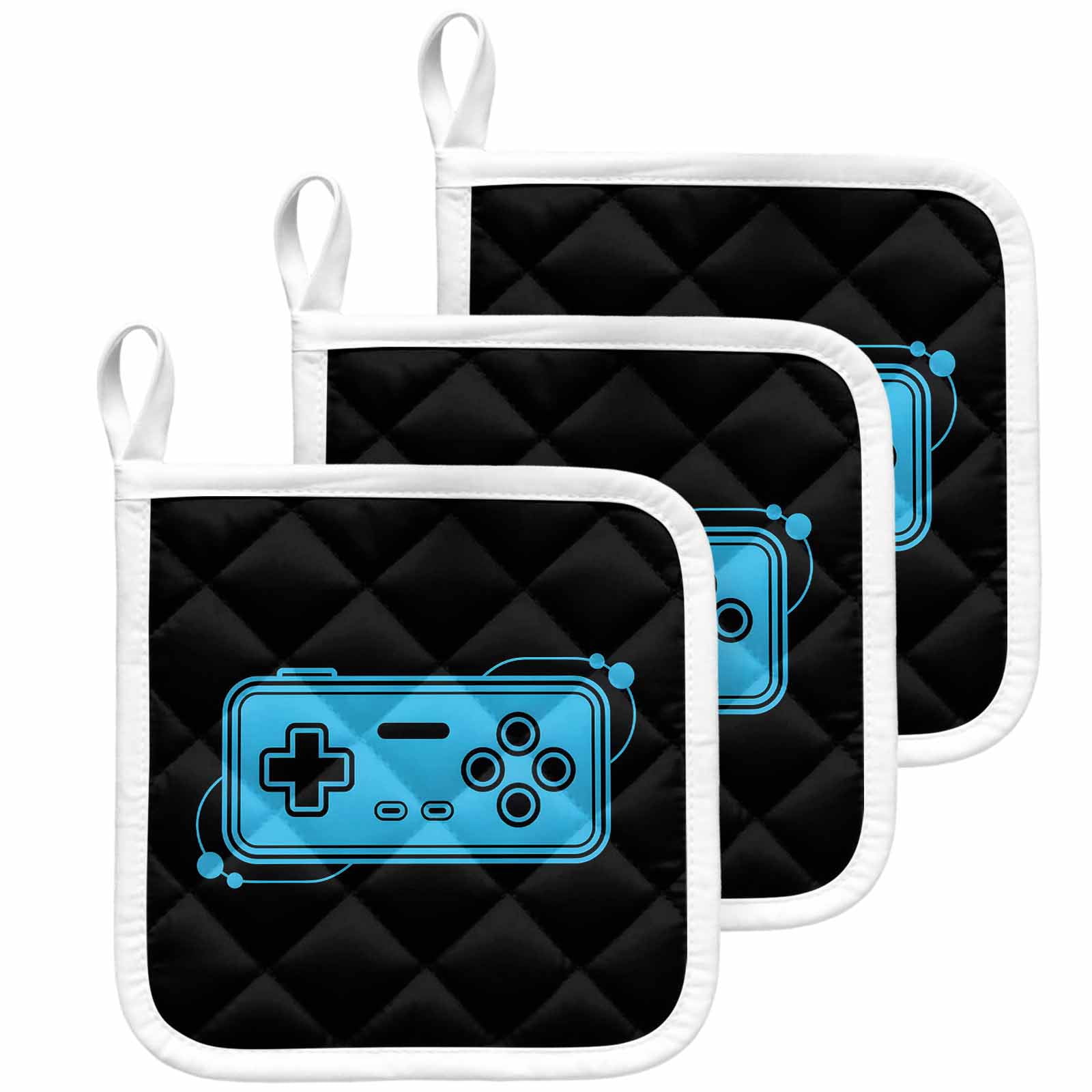 Blue Game Handle Pot Holders for Kitchen Heatproof Potholder, 3 Pack Video Gamer Console Earphones Black Hot Pads Multipurpose Oven Pads Cloth Potholders Trivet for Cooking Baking