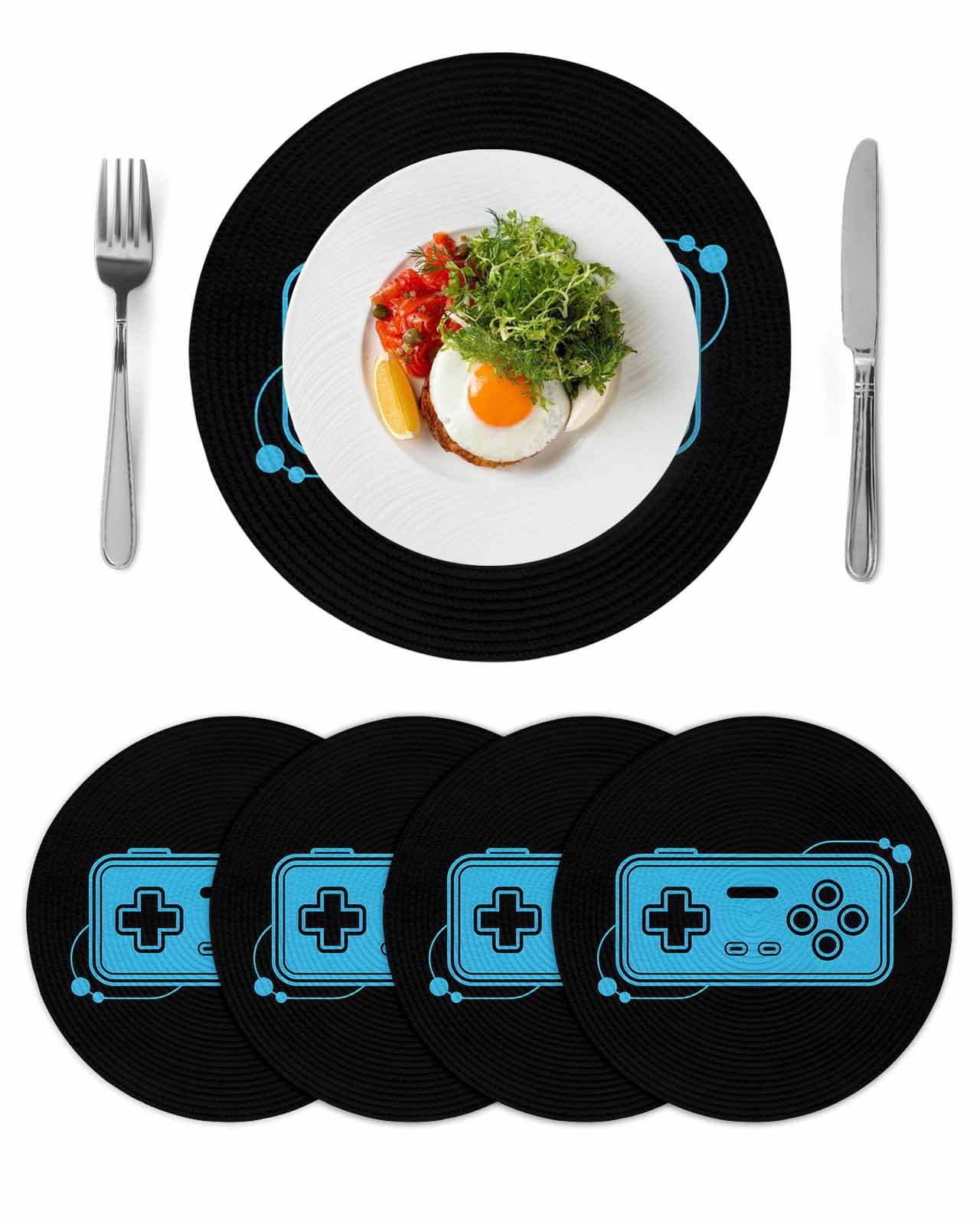 Blue Game Handle Round 13 Inch Placemats Set of 4, Video Gamer Console ...