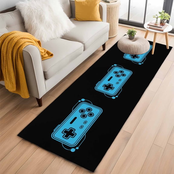 Blue Game Handle Runner Rug 2x6 FT,Non Slip Hallway Rugs,Video Gamer Console Earphones Black Washable Soft Floor Carpet Throw Runner Carpet Long Rugs for Entryway Kitchen Bedside Sliding Door