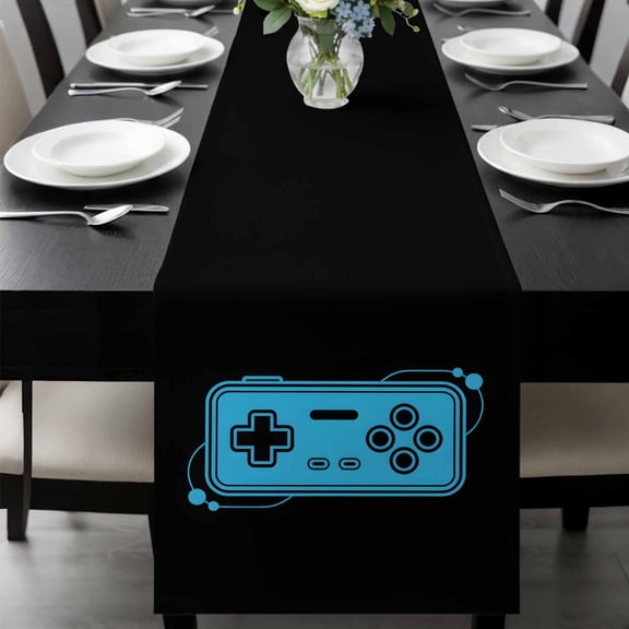 Blue Game Handle Table Runner 90 Inches Long, Video Gamer Console Earphones Black Kitchen Coffee Dining Table Decoration for Home Party Birthday Wedding Home Decor 13x90 Inches
