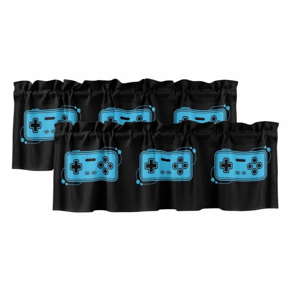 Blue Game Handle Valances for Windows, Video Gamer Console Earphones Black Light Filtering Kitchen Curtains, Rod Pocket Window Valance Curtains for Living Room Bedroom, 42" W x 12" L, 2 Panels