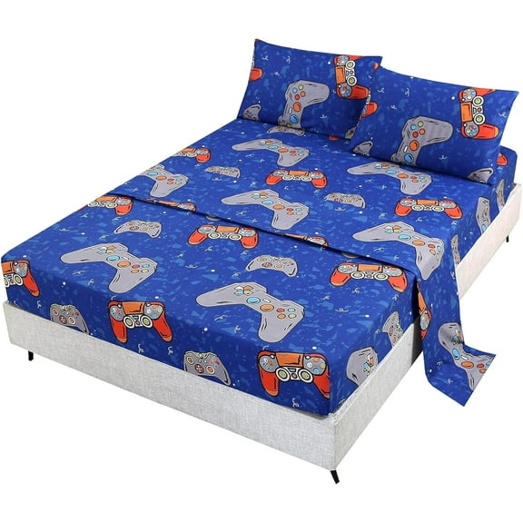 Blue Gamer Sheets Set Queen, Soft Microfiber Gaming Bedding Sheet Deep Pocket, All Season