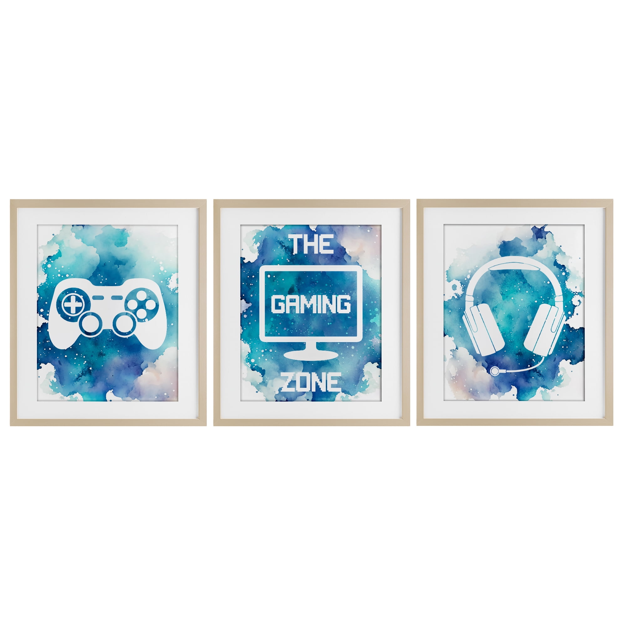 Blue Gamer Splatters 3 Piece Birch Framed Print Under Glass Set, design by Marcus Prime