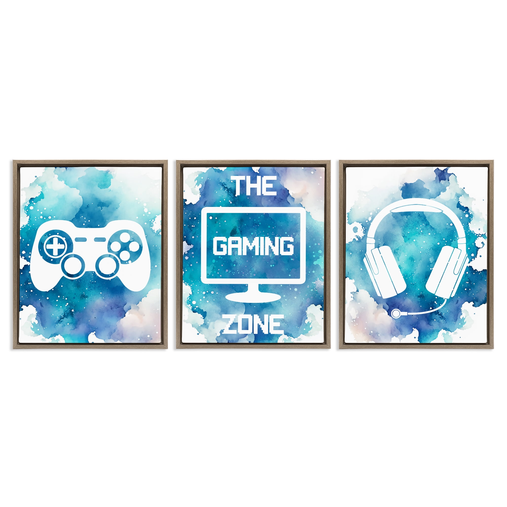 Blue Gamer Splatters 3 Piece Brown Framed Floater Canvas Set, design by Marcus Prime