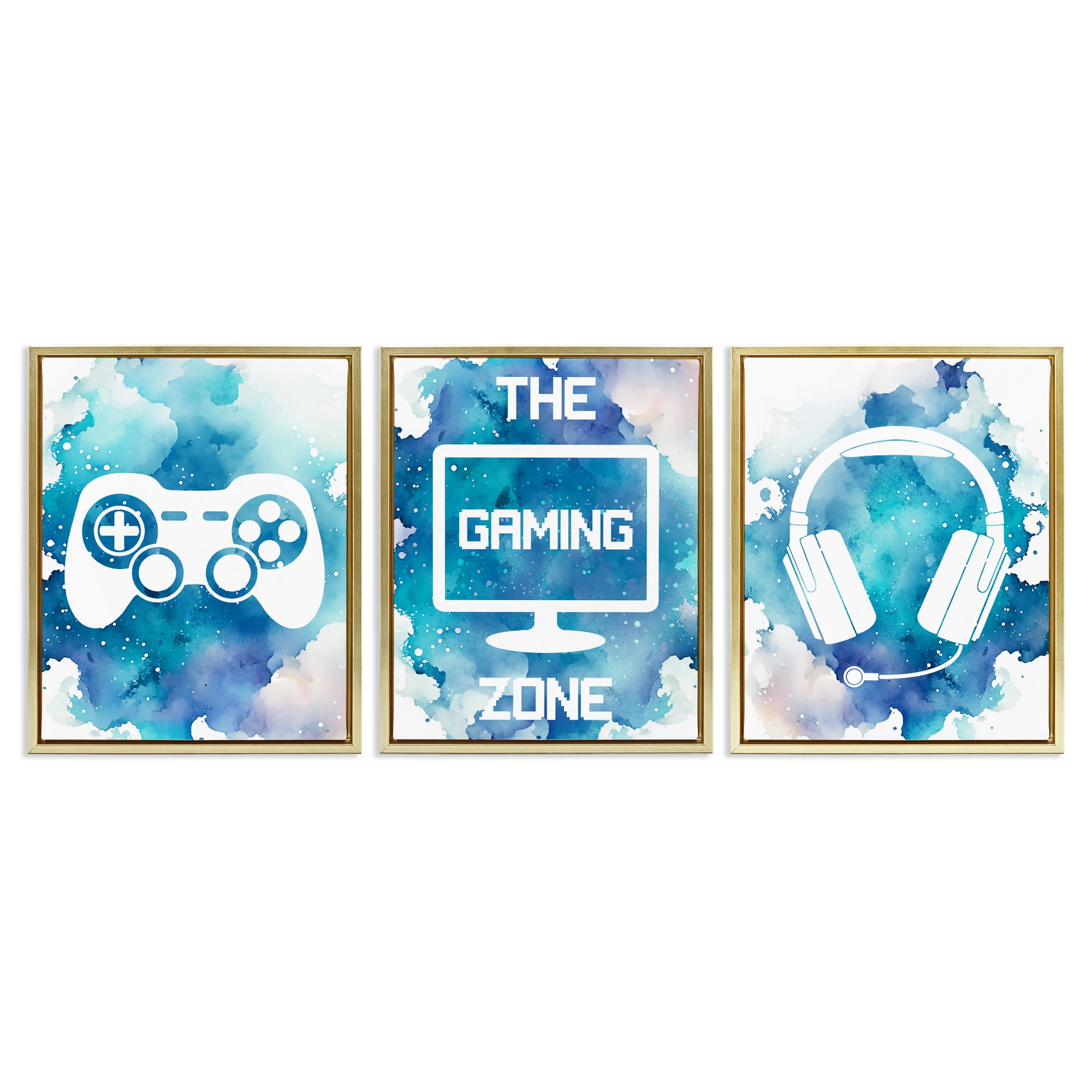 Blue Gamer Splatters 3 Piece Gold Framed Floater Canvas Set, design by Marcus Prime