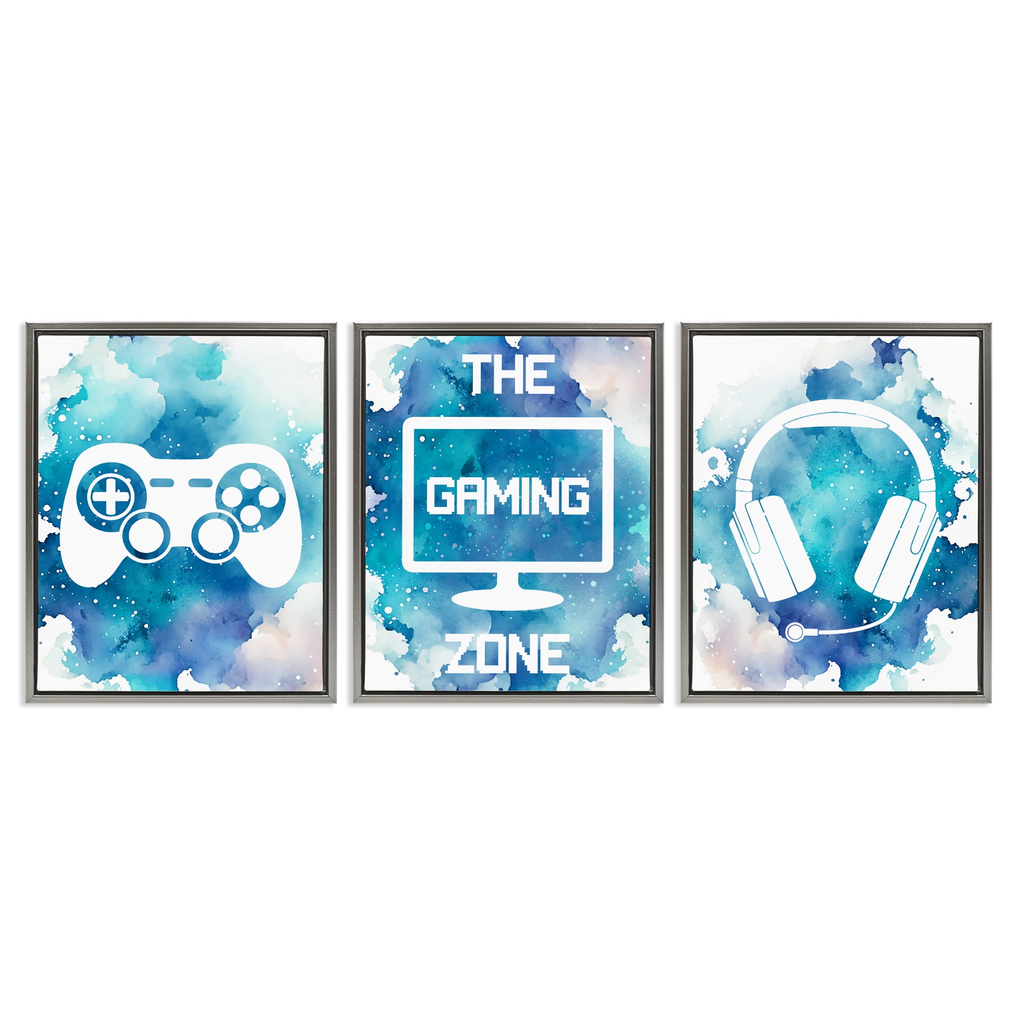 Blue Gamer Splatters 3 Piece Gray Framed Floater Canvas Set, design by Marcus Prime