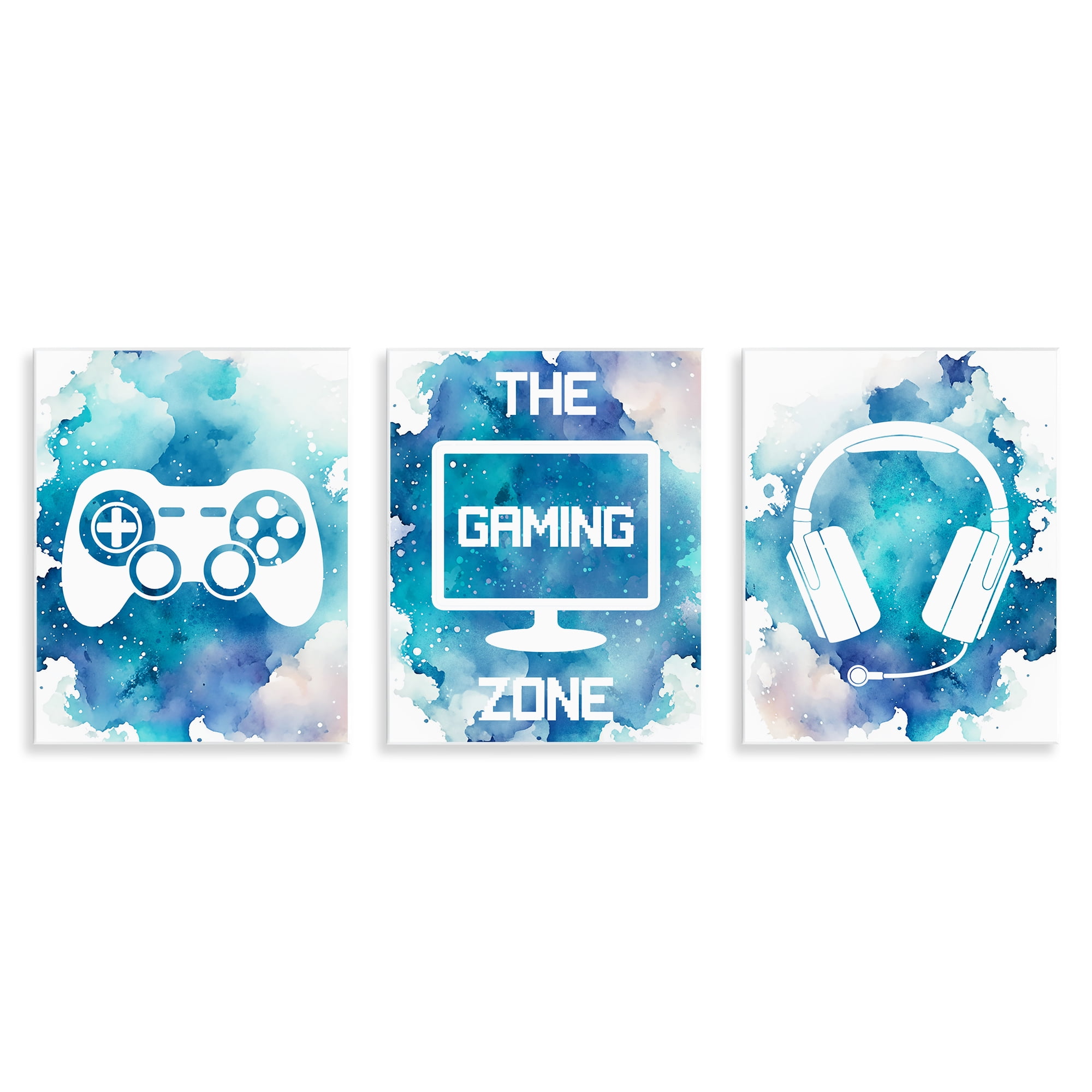 Blue Gamer Splatters 3 Piece Wall Plaque Art Set, design by Marcus Prime