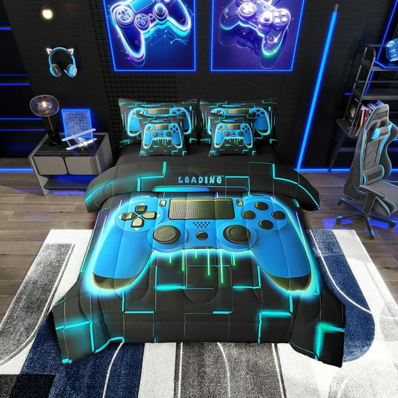 Blue Gaming Bed in a Bag Queen Comforter Set 7 Piece,Gamer Bedding Sets Neon Lights Abstract Geometry Sheet Set with Comforter Gamer Room Decor