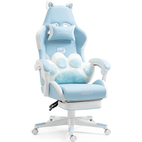 Blue Gaming Chair with Cat Ears & Cute Paw Lumbar Pillow, Ergonomic Racing Style Computer Chair with Footrest, Reclining High Back PU Leather Video Gamer Chairs for Girls & Adults