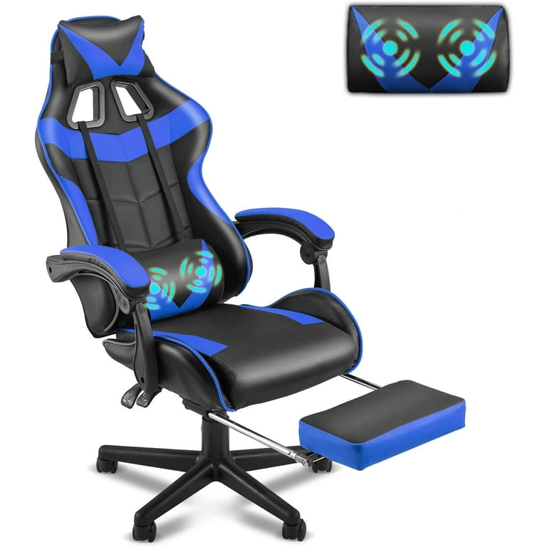 Blue Gaming Chair with Footrest Gaming Computer Chair Office Gaming Chair Ergonomic Gamer Chair with Height Adjustment Headrest and Lumbar Support