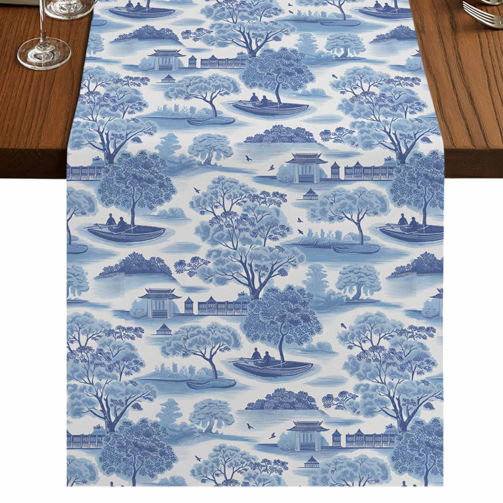 Blue Garden 36 Inch Table Runner, Modern Art Building Trees Boat ...