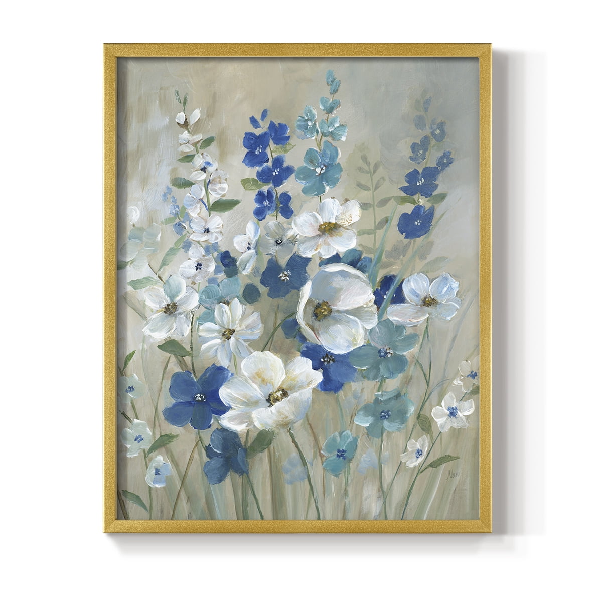 Blue Garden I Framed Print in Gold Solid Wood Framed Print No Nail Hanging