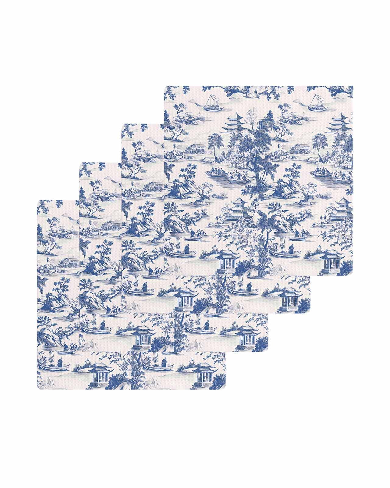 Blue Garden Retro Kitchen Dish Towels for Drying Dishes Set of 4, Modern Art Building Tree Boat Waffle Weave Microfiber Terry Hand Tea Bathroom Towels Quick Dry & Absorbent Towel 12x12