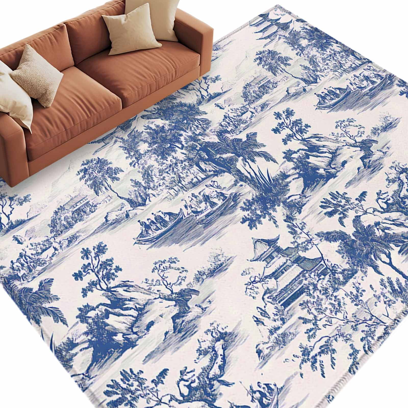 Blue Garden Retro Large Area Rugs for Bedroom Living Room, Soft Non ...