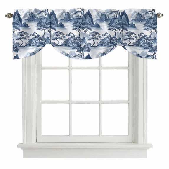 Blue Garden Tie Up Valance Curtains for Windows, Kitchen Curtains Window Treatments, Retro Mountain Tree Forest Landscape Short Window Shades Valances for Bedroom Bathroom Cafe 54"x18"