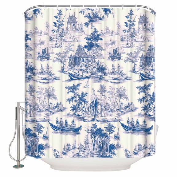 Blue Garden Vintage Bathroom Shower Curtains with 12 Hooks Polyester Waterproof Shower Curtain for Stalls and Bathtubs Modern Art Building Boat Tree Decorative Bathroom Privacy Curtain 72x72 Inches