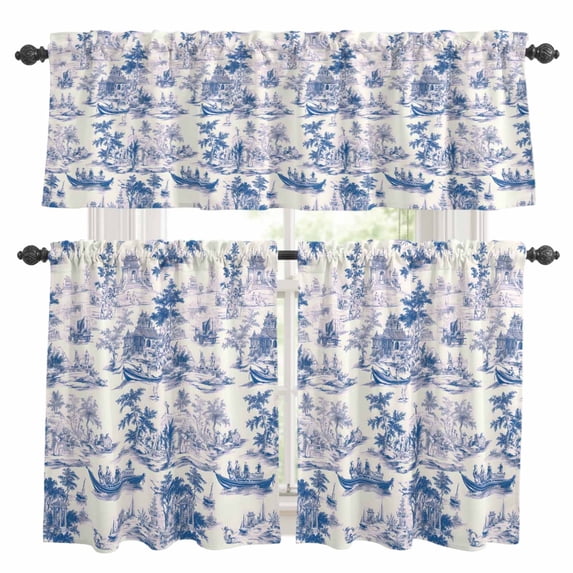 Blue Garden Vintage Kitchen Curtains Sets for Windows 36 Inch Length, Modern Art Building Boat Tree Rod Pocket Window Treatments Tier Curtains and Valances Set for Bedroom/Bathroom