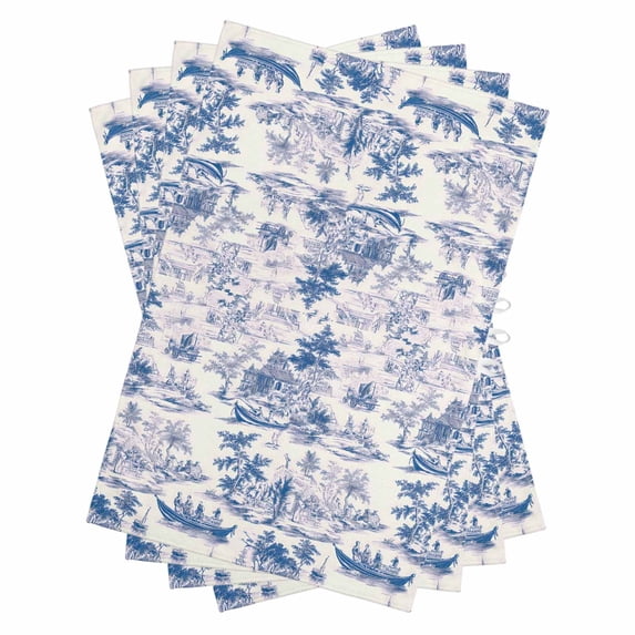 Blue Garden Vintage Kitchen Towels Set of 4, Water Absorbent Dish Towel, Modern Art Building Boat Tree Decorative Hand Towels - Quick Drying Cloth for Cooking Baking, 18x28 Inch