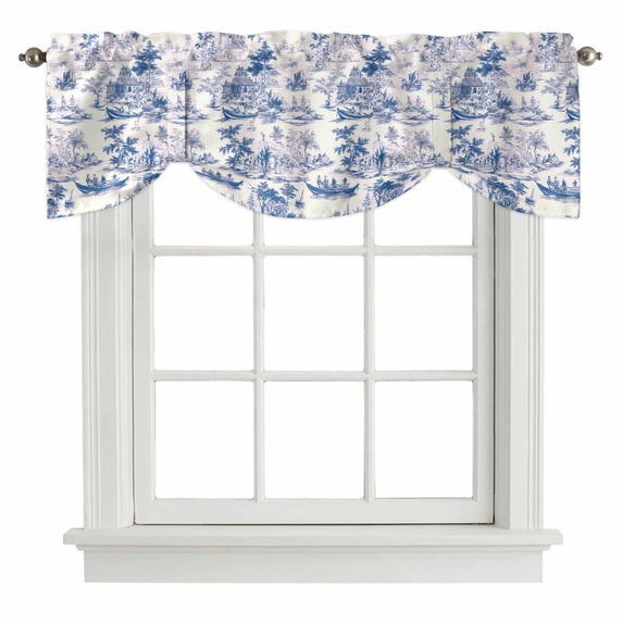 Blue Garden Vintage Tie Up Valance Curtains for Windows, Kitchen Curtains Window Treatments, Modern Art Building Boat Tree Short Window Shades Valances for Bedroom Bathroom Cafe 42"x12"