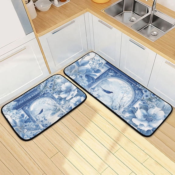 Blue Gates Flowers Floral Kitchen Mats Non Slip Standing Desk Mat Runner Rug Washable Kitchen Rugs for Floor 2PCS