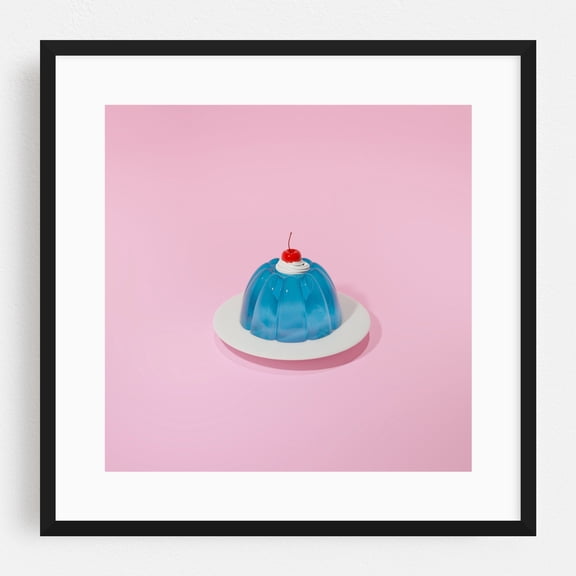 Blue Gelatin Dessert - Digital Art Dessert Pop Art Kitchen Decor Pastel Minimalist Modern Art Whimsical Black Framed Wall Art Print 8 x 8 inches
