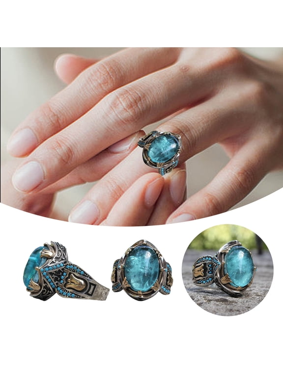 Blue Gemstone Ring For Women Elegant Engraved Natural Stone Jewelry Fashion