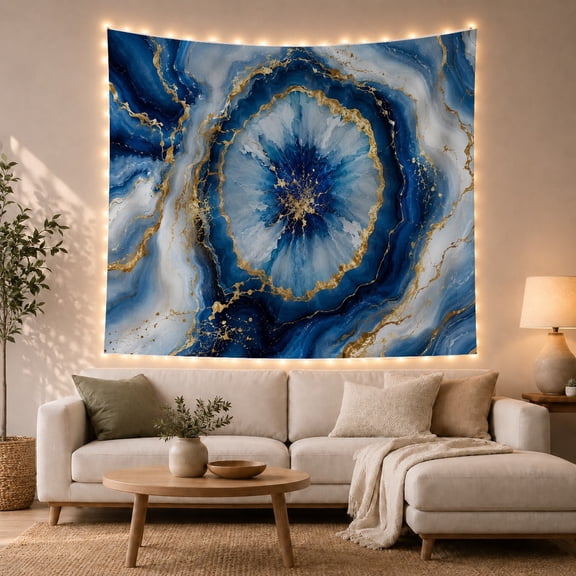 Blue Geode with Flower-Like Center and Gold Ring, Serene Abstract Style for Abstract Art Fans, Mineral Wall Art, Housewarming Gift, Tapestry Wall Hanging for Bedroom and Dorm