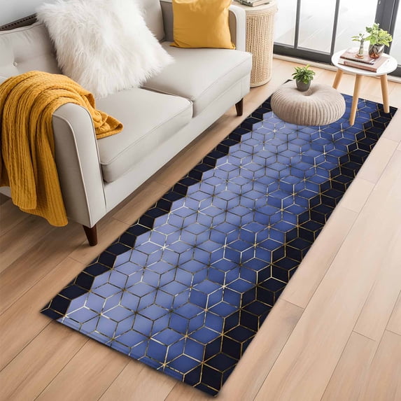 Blue Geometric 2'x6' Runner Rugs for Hallway Kitchen Bedside Non Slip Washable, Ombre Modern Abstract Art Entryway Rug Runners with Rubber Backing, Long Carpet Runner for Laundry Room