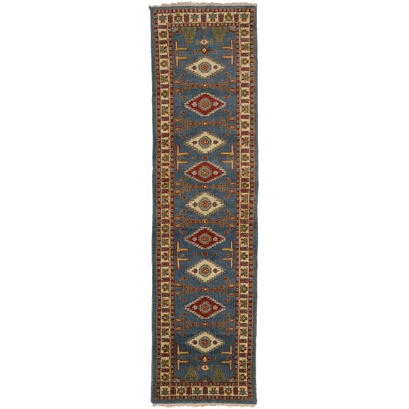 Blue Geometric 3X10 Kazak Oriental Runner Rug