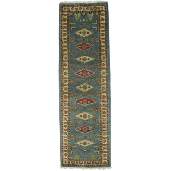 Blue Geometric 3X9 Kazak Oriental Runner Rug