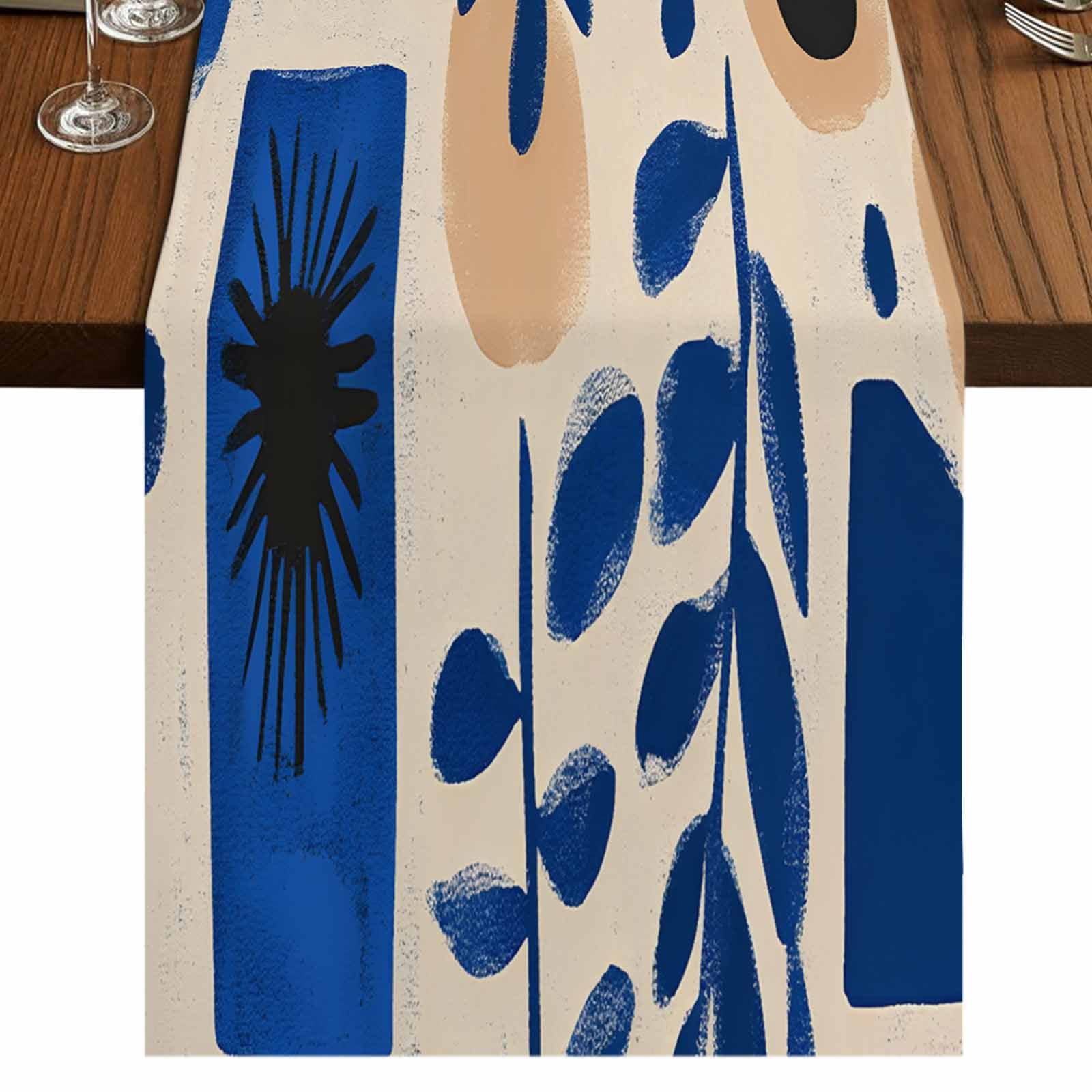 Blue Geometric 60 Inch Table Runner, Botanical Abstract Color Block ...