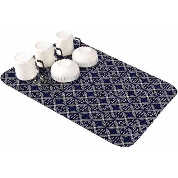 Blue Geometric Abstract Dish Drying Mat for Kitchen Counter, Super Absorbent Quick Dry Coffee Bar Mat Pad Thin Diatomaceous Sink Mat Non Slip Dish Drainer Mat 16''''x18'''' Contemporary Modern Art