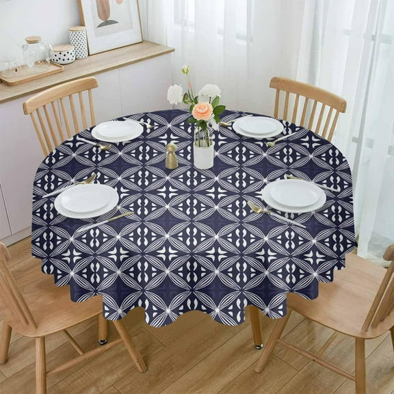 Blue Geometric Abstract Round Tablecloth 60 Inch - Waterproof Fabric Table Cloth Protector, Contemporary Modern Art White Tablecloths Washable Table Cover for Kitchen Banquet Party