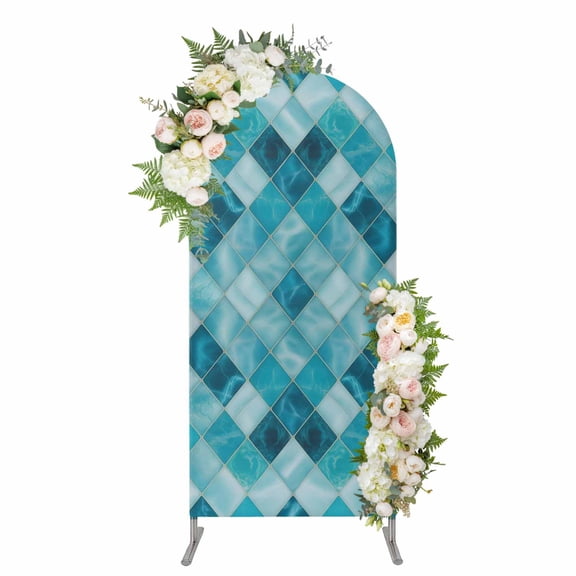 Blue Geometric Arch Backdrop Cover 4FT, Modern Diamond Texture Ombre Lines Spandex Fitted Stretchy Arch Stand Covers, Round Top Chiara Backdrop Cover for Wedding Party Birthday Baby Shower