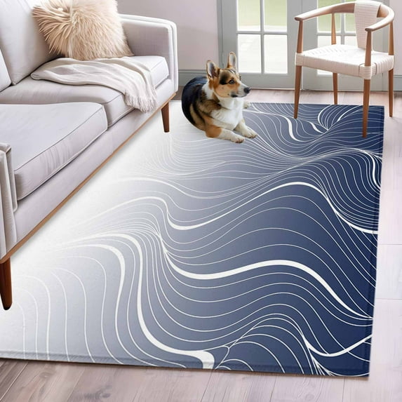 Blue Geometric Area Rug 3x5 Washable Rug Non Slip Modern White Stripe Abstract Distortion Art Large Area Rug Indoor Floor Carpet for Entryway Bedroom Kitchen Living Room Office Dining Room Nursery